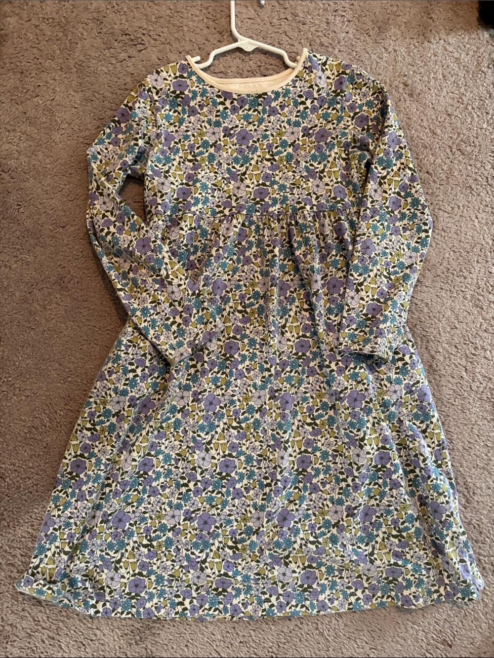 L.L. Bean Girls' Long-Sleeve Floral Casual Dress in Purple, Green & Cream